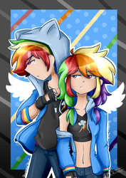 Size: 1413x1995 | Tagged: safe, artist:aniluap-mcmelody, rainbow dash, human, g4, belly button, clothes, duo, female, fingerless gloves, gloves, hoodie, humanized, male, midriff, pants, r63 paradox, rainbow blitz, rule 63, self paradox, sports bra