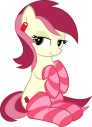 Size: 3000x4122 | Tagged: safe, artist:sollace, roseluck, earth pony, pony, g4, .svg available, bedroom eyes, clothes, cute, ear tag, female, high res, looking at you, mare, show accurate, simple background, sitting, smiling, socks, solo, striped socks, transparent background, vector