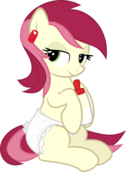 Size: 3000x4109 | Tagged: safe, artist:sollace, derpibooru exclusive, roseluck, pony, g4, baby bottle, bedroom eyes, cute, diaper, diaper fetish, ear tag, female, fetish, high res, looking at you, milk, non-baby in diaper, show accurate, simple background, sitting, smiling, solo, transparent background, vector