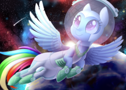 Size: 1654x1181 | Tagged: safe, artist:scarlet-spectrum, rainbow dash, pegasus, pony, g4, astrodash, astronaut, clothes, female, flying, helmet, mare, planet, shooting star, solo, space, spacesuit, stars, sun