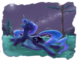Size: 3960x3060 | Tagged: safe, artist:silfoe, princess luna, alicorn, pony, g4, both cutie marks, crossed hooves, female, galaxy, high res, looking up, mare, moon, moonbutt, night, plot, prone, rear view, scenery, signature, solo, sploot, stars, tree, underhoof