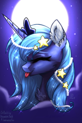 Size: 640x960 | Tagged: safe, artist:dreamline dash, artist:lantoor, princess luna, pony, g4, chest fluff, collaboration, eyes closed, female, moon, night, s1 luna, solo, stars, tongue out