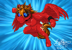 Size: 3508x2480 | Tagged: safe, artist:h-stallionwolf, oc, oc only, oc:marker pace, pegasus, semi-anthro, action pose, anime, belly button, fire, flying, goggles, high res, male, muscles, ponysona, race, racer, solo, speed, speed lines