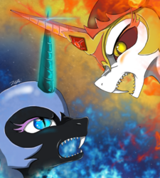 Size: 900x1000 | Tagged: safe, artist:joselyn, daybreaker, nightmare moon, pony, a royal problem, g4, crossed horns, fangs, frown, horn, horns are touching, sharp teeth, teeth