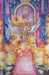Size: 1901x2861 | Tagged: safe, artist:lunar-white-wolf, daybreaker, alicorn, pony, a royal problem, g4, female, fire, mare, smiling, solo, throne, throne room, traditional art