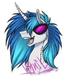 Size: 1024x1206 | Tagged: safe, artist:dementra369, dj pon-3, vinyl scratch, pony, unicorn, g4, bust, chest fluff, curved horn, ear fluff, fangs, female, glasses, horn, mare, misspelling, open mouth, portrait, simple background, solo, teeth, transparent background