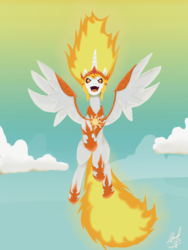 Size: 1654x2200 | Tagged: safe, artist:digiral, daybreaker, pony, a royal problem, g4, cloud, female, flying, laughing, looking at you, solo