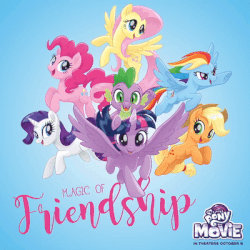 Size: 400x400 | Tagged: safe, applejack, fluttershy, pinkie pie, rainbow dash, rarity, spike, twilight sparkle, alicorn, dragon, pony, g4, my little pony: the movie, official, animated, blinking, gif, it's coming right at us, mane seven, mane six, my little pony logo, twilight sparkle (alicorn)
