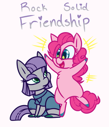Size: 660x768 | Tagged: safe, artist:esmeia, maud pie, pinkie pie, earth pony, pony, g4, rock solid friendship, bipedal, chest fluff, clothes, female, jumping, mare, simple background, sitting, starry eyes, story included, title card, wingding eyes