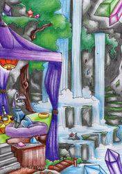 Size: 2400x3402 | Tagged: safe, artist:lunar-white-wolf, maud pie, earth pony, pony, g4, rock solid friendship, crystal, female, high res, microscope, pillow, sitting, solo, traditional art, tree, water, waterfall