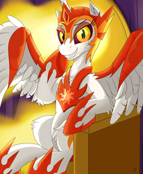Size: 2600x3150 | Tagged: dead source, safe, artist:orangejuicerus, daybreaker, alicorn, pony, a royal problem, g4, chest fluff, female, grin, high res, hoof shoes, sitting, smiling, solo, throne, throne slouch
