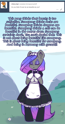 Size: 900x1718 | Tagged: safe, artist:darkestmbongo, oc, oc only, oc:d.d, earth pony, anthro, unguligrade anthro, apron, arm hooves, clothes, dialogue, dress, eyeliner, eyeshadow, female, frilly dress, gloves, maid, makeup, mare, solo, stockings, thigh highs