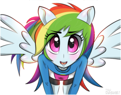 Size: 550x432 | Tagged: safe, artist:tsudashie, rainbow dash, equestria girls, g4, blushing, cute, dashabetes, female, looking at you, ponied up, pony ears, questionable source, solo, wings