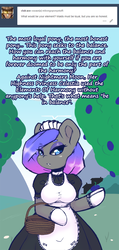 Size: 850x1783 | Tagged: safe, artist:darkestmbongo, oc, oc only, oc:d.d, earth pony, anthro, unguligrade anthro, apron, arm hooves, basket, blueberry, clothes, dialogue, dress, eyeliner, eyeshadow, female, food, frilly dress, gloves, maid, makeup, mare, socks, solo, stockings, thigh highs, tree