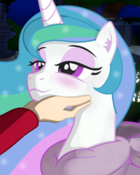 Size: 1024x1280 | Tagged: safe, artist:ponyecho, edit, editor:totallynotanoob, princess celestia, alicorn, human, pony, g4, behaving like a cat, blushing, catlestia, clothes, cute, cutelestia, duo, female, human on pony petting, interspecies, lidded eyes, mare, petting, ponyecho is trying to murder us, show accurate, smiling, true love princesses