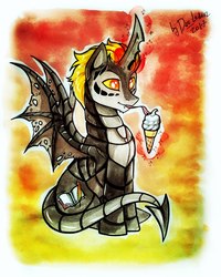 Size: 1729x2160 | Tagged: safe, artist:das_leben, oc, oc only, demon pony, pony, fangs, food, forked tongue, ice cream, long tongue, magic, solo, telekinesis, tongue out, traditional art, wings