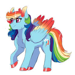 Size: 3000x3000 | Tagged: safe, artist:scarletskitty12, rainbow dash, pony, g4, alternate design, backwards cutie mark, colored wings, colored wingtips, cute, dashabetes, female, high res, hoof polish, mare, multicolored hair, multicolored wings, simple background, smiling, solo, white background