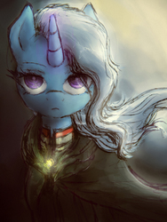 Size: 1421x1894 | Tagged: safe, artist:plotcore, trixie, pony, unicorn, g4, alicorn amulet, cape, cloak, clothes, colored pupils, female, frown, lidded eyes, looking at you, mare, solo, stoic, windswept mane