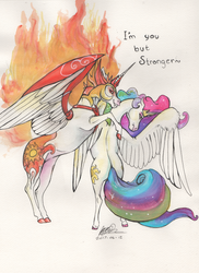 Size: 1024x1409 | Tagged: safe, artist:sagastuff94, daybreaker, princess celestia, alicorn, horse, pony, a royal problem, g4, both cutie marks, butt, colored hooves, duality, ethereal mane, female, hoers, mane of fire, mare, plot, princess celestia is a horse, realistic horse legs, rearing, simple background, spread wings, sunbutt, traditional art, wings