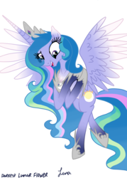Size: 3445x4823 | Tagged: safe, artist:darkest-lunar-flower, princess celestia, princess luna, oc, oc only, oc:dawn-dusk, alicorn, pony, absurd resolution, alicorn oc, fusion, horn, open mouth, open smile, simple background, smiling, solo, spread wings, transparent background, wings