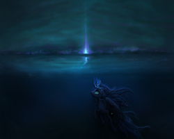 Size: 2000x1600 | Tagged: safe, artist:plotcore, princess luna, alicorn, pony, g4, female, flowing mane, glowing, glowing horn, horn, magic, mare, ocean, scenery, smiling, solo, swimming, underwater, windswept mane