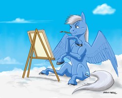 Size: 1400x1120 | Tagged: safe, artist:baron engel, oc, oc only, oc:sky brush, pony, canvas, cloud, male, mouth hold, paintbrush, sky, solo, stallion