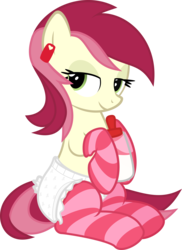 Size: 3000x4122 | Tagged: safe, artist:sollace, derpibooru exclusive, roseluck, pony, g4, baby bottle, bedroom eyes, clothes, cute, diaper, diaper fetish, ear tag, female, fetish, high res, looking at you, milk, non-baby in diaper, pullup (diaper), show accurate, simple background, sitting, smiling, socks, solo, striped socks, transparent background, vector
