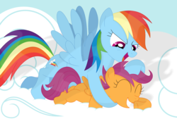 Size: 3518x2385 | Tagged: safe, artist:porygon2z, rainbow dash, scootaloo, pony, g4, backwards cutie mark, cloud, cute, high res, noogie, scootalove, vector