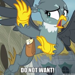 Size: 600x594 | Tagged: safe, edit, edited screencap, screencap, gabby, griffon, pony, g4, the fault in our cutie marks, cropped, do not want, female, image macro, meme, memeful.com, solo