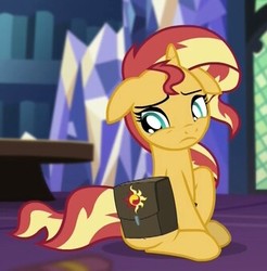 Size: 333x338 | Tagged: safe, screencap, sunset shimmer, pony, unicorn, equestria girls, equestria girls specials, g4, my little pony equestria girls: mirror magic, bag, cropped, female, floppy ears, horn, looking down, mare, sad, sitting, solo