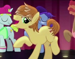 Size: 610x480 | Tagged: safe, screencap, feather bangs, glamor trot, smooth vibes, stereo mix, earth pony, pony, g4, hard to say anything, background pony, cropped, eyes closed, male, smiling, stallion