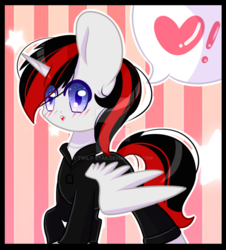 Size: 1024x1134 | Tagged: safe, artist:twily-star, oc, oc only, oc:vani, oc:vanitas, alicorn, pony, alicorn oc, clothes, exclamation point, heart, horn, male, solo, stallion, watermark, wings