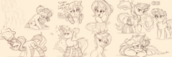 Size: 3000x1008 | Tagged: safe, artist:ncmares, starlight glimmer, sunset shimmer, trixie, pony, unicorn, g4, clothes, crying, cute, diatrixes, female, glimmerbetes, hat, magic, mare, messy mane, monochrome, pillow, sad, shimmerbetes, sketch, smiling, socks, stockings, thigh highs, trixie's hat