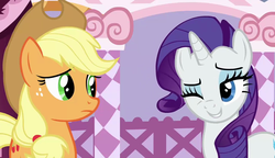 Size: 1280x738 | Tagged: safe, screencap, applejack, rarity, pony, g4, honest apple, carousel boutique, grin, one eye closed, out of context, smiling, wink