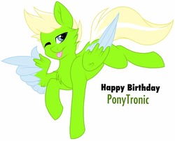 Size: 1280x1032 | Tagged: safe, artist:melodytheartpony, oc, oc only, pony, ;p, birthday, colored wings, feather fingers, one eye closed, ponytronic, simple background, solo, tongue out, two toned wings, white background, wing hands, wings