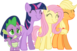 Size: 4492x3000 | Tagged: safe, artist:are-you-jealous, artist:itv-canterlot, edit, applejack, fluttershy, spike, twilight sparkle, dragon, earth pony, pegasus, pony, unicorn, g4, party of one, .svg available, crossed arms, cute, eyes closed, female, high res, lidded eyes, male, mare, simple background, smiling, transparent background, vector