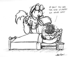 Size: 1806x1412 | Tagged: safe, artist:bobthedalek, oc, oc only, oc:mixed melody, oc:octavia's father, oc:octavia's mother, oc:ostinato melody, earth pony, pony, alarm clock, bed, bed mane, black and white, clock, clothes, grayscale, jumping, monochrome, shirt, suitcase, sunglasses, traditional art, unamused