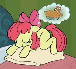 Size: 920x834 | Tagged: safe, artist:morgana, derpibooru exclusive, apple bloom, earth pony, pony, g4, adorabloom, bed, bedroom, cute, dream, female, filly, food, pie, pillow, sketch, sleeping, solo