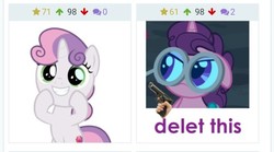 Size: 480x266 | Tagged: safe, edit, edited screencap, screencap, sugar belle, sweetie belle, pony, derpibooru, g4, hard to say anything, angry, delet this, juxtaposition, meta, smiling, weapon