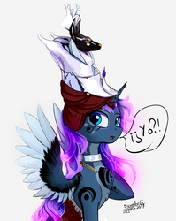 Size: 1280x1606 | Tagged: dead source, safe, artist:discordthege, princess luna, alicorn, pony, g4, anubis, dialogue, egyptian, female, looking at you, mare, open mouth, priestess, raised hoof, signature, simple background, solo, spanish, speech bubble, style emulation
