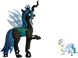 Size: 3401x2547 | Tagged: safe, artist:coulorstrike, queen chrysalis, oc, oc:gren, changeling, changeling queen, classical hippogriff, hippogriff, g4, colt, cute, cutealis, duo, female, high res, interspecies offspring, magical lesbian spawn, male, mare, ocbetes, offspring, parent:gilda, parent:rainbow dash, parents:gildash, side view, simple background, transparent background
