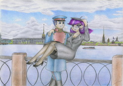 Size: 2333x1637 | Tagged: safe, artist:sinaherib, flash sentry, twilight sparkle, human, g4, boots, breasts, bridge, carrying, cleavage, clothes, coat, female, hat, high heels, humanized, male, pantyhose, river, saint petersburg, ship:flashlight, shipping, shoes, skirt, stockings, straight, thigh highs, traditional art, uniform