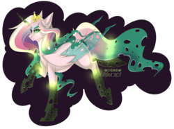 Size: 4300x3200 | Tagged: safe, artist:pinkxei, queen chrysalis, alicorn, changeling, changeling queen, pony, g4, crown, digital art, disguise, disguised changeling, evil grin, fake cadance, fangs, female, grin, high res, jewelry, magic, regalia, simple background, smiling, solo, teeth, transformation, transparent background
