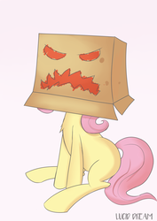 Size: 2507x3541 | Tagged: safe, artist:triplesevens, fluttershy, pony, g4, box, chest fluff, costume, flutterbox, high res, missing cutie mark, monster, simple background, sitting, white background, wingless