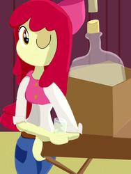 Size: 2700x3600 | Tagged: safe, artist:jongoji245, apple bloom, equestria girls, g4, apple cider, bottle, bow, clothes, drink, female, hair bow, high res, one eye closed, smiling, solo, wink