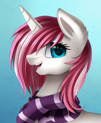 Size: 1446x1764 | Tagged: safe, artist:pridark, oc, oc only, oc:aether wake, pony, bust, clothes, commission, female, gradient background, mare, open mouth, portrait, scarf, solo