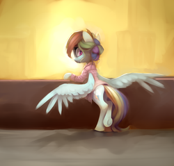 Size: 3400x3252 | Tagged: safe, artist:lilfunkman, rainbow dash, pony, g4, alternate hairstyle, clothes, cute, dashabetes, female, hair bun, high res, moe, shirt, solo, spread wings, wings