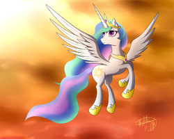 Size: 2500x2000 | Tagged: safe, artist:ollofkyser, princess celestia, alicorn, pony, g4, afternoon, cloud, female, flying, high res, looking at something, orange sky, sky, solo