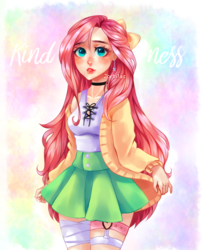 Size: 900x1108 | Tagged: safe, artist:zorbitas, fluttershy, human, g4, bow, breasts, clothes, cute, female, humanized, looking at you, moe, pleated skirt, skirt, solo, watermark