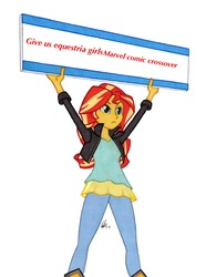 Size: 950x1278 | Tagged: safe, artist:manly man, derpibooru exclusive, sunset shimmer, equestria girls, g4, cross ange, crossover, exploitable meme, female, make it happen, marvel, meme, sign, simple background, solo, sunset's board, white background